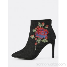 Closed Toe Denim Embroidered Booties BLACK