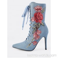 Embroidered Denim Lace Up Booties DENIM