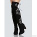 Faux Suede Embroidered Zip Up Thigh High Boots BLACK