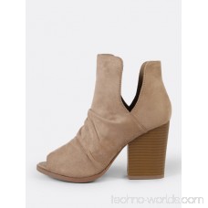 Faux Suede Peep Toe Ruched V Cut Chunky Heel Booty BEIGE