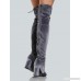 Faux Velvet Pointy Toe Back Lace Up Thigh High Boots GREY
