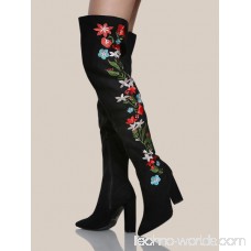 Floral Embroidered Thigh High Boots BLACK