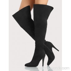 Point Toe Faux Suede Thigh High Heel Boots BLACK