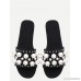 Black Open Toe Faux Pearl Inlay Studded Slippers