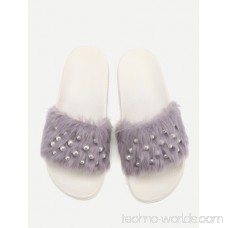Faux Fur Flat Slippers With Faux Pearl