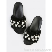 Faux Pearl Fur Slide Sandals BLACK