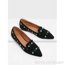 Turquoise Decorated Pointed Toe Suede Flats