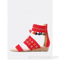 Embroidered Fringe Wedge Sandals RED
