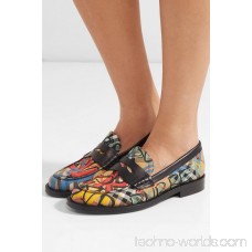 Leather-trimmed printed canvas loafers