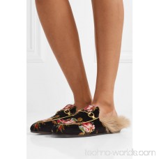 Princetown horsebit-detailed shearling-lined floral-print velvet slippers