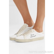 Court Classic logo-embroidered leather and distressed cotton-canvas sneakers