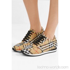 Leather-trimmed checked canvas sneakers