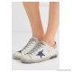 Superstar distressed leather and denim sneakers