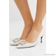 Faux pearl-embellished iridescent patent-leather pumps