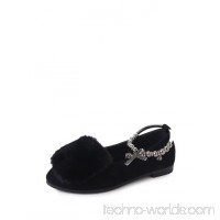 Faux Fur Decorated Beaded Ankle Strap Suede Flats